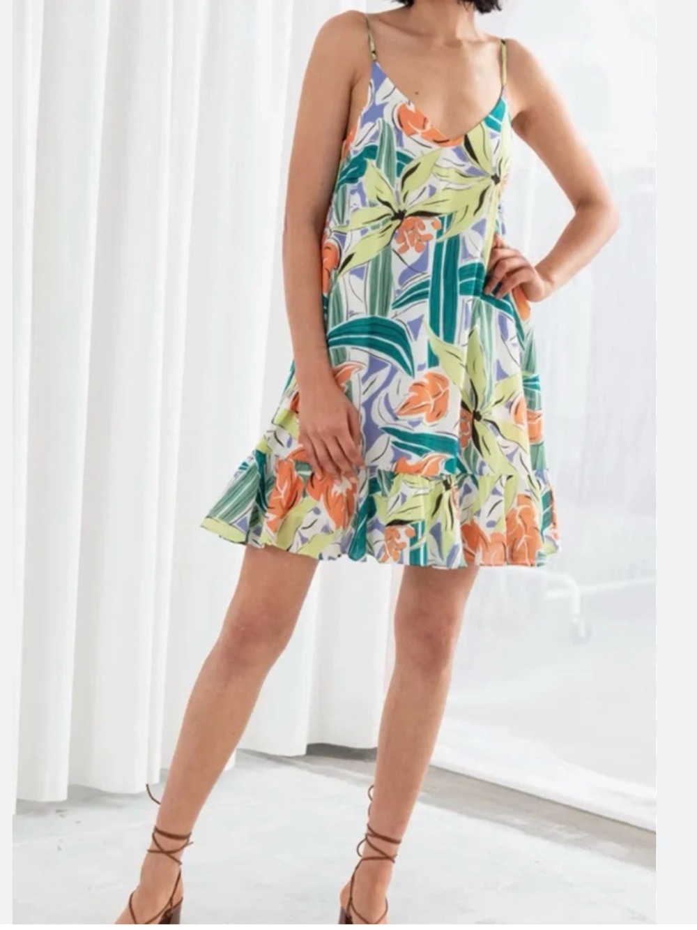 & Other Stories Drop Waist Tropical Sun Mini Dress